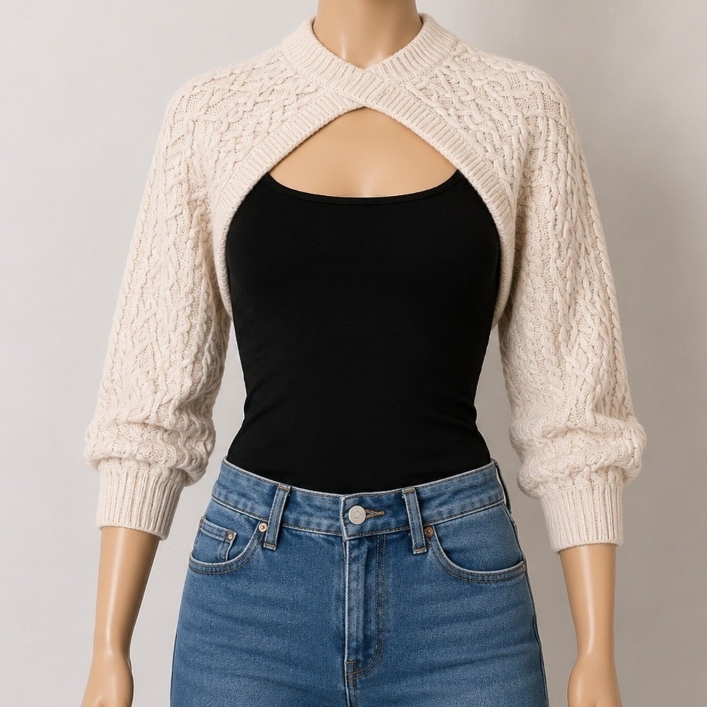H&M Womens Sweater Shrug Beige Cable Knit Ultra Cropped Bolero L